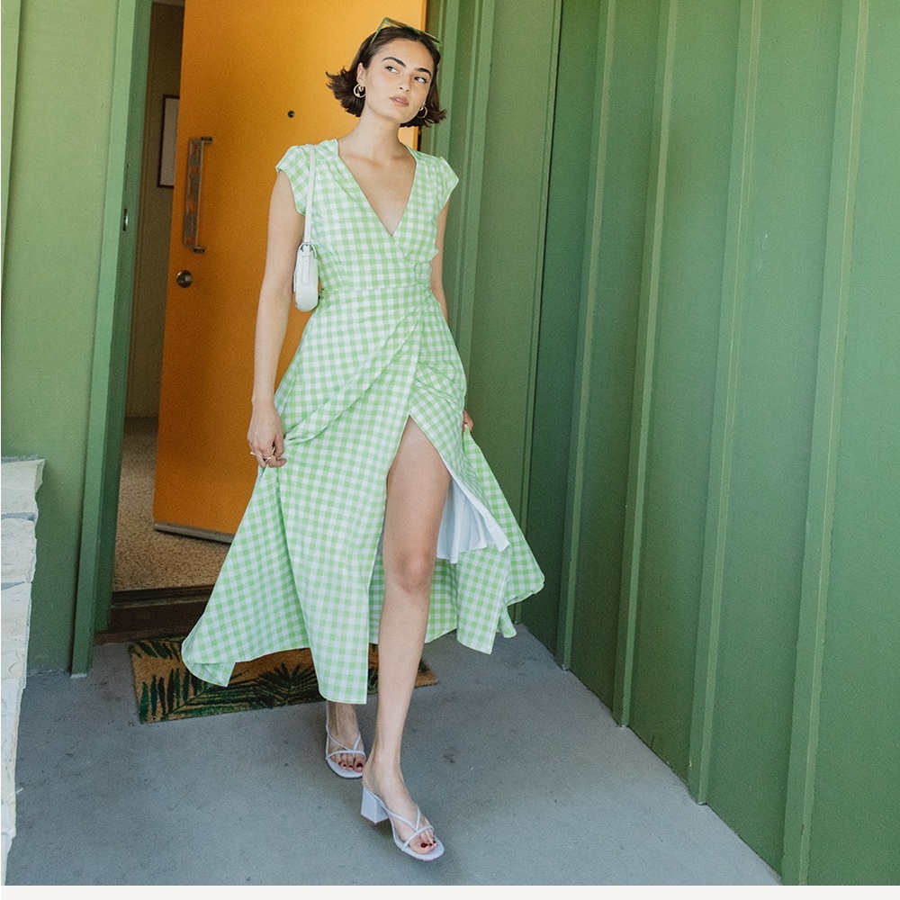 Wayre Roma Reversible Wrap Dress in Lime‎ Gingham Size XS